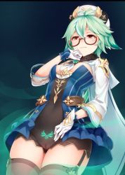 Rule 34 | embarrassed, genshin impact, glasses, green hair, highres, ricegnat, see-through, simple background, sucrose (genshin impact)