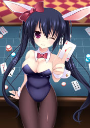 Rule 34 | 1girl, agekichi (heart shape), animal ears, bad id, bad pixiv id, black hair, blush, bow, bowtie, breasts, card, cleavage, detached collar, fake animal ears, holding, holding card, leotard, long hair, looking at viewer, medium breasts, one eye closed, original, pantyhose, playboy bunny, playing card, poker chip, purple eyes, rabbit ears, red eyes, smile, solo, twintails, wink, wrist cuffs