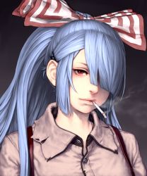 Rule 34 | 1girl, black background, blue hair, blunt bangs, bow, buttons, cigarette, commentary request, envenomist (gengoroumaru), fujiwara no mokou, gradient background, hair bow, hair ornament, hair over one eye, hairclip, highres, lips, long hair, looking at viewer, mouth hold, ponytail, portrait, red eyes, shirt, smoke, smoking, solo, suspenders, touhou, wing collar