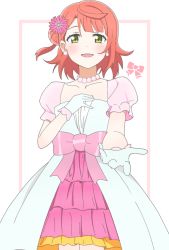 Rule 34 | 1girl, artist name, artist request, blush, bow, braid, braided bun, breasts, collarbone, dream with you (love live!), dress, dress bow, earrings, female focus, flower, frilled dress, frills, gloves, green eyes, hair bun, hand on own chest, highres, jewelry, looking at viewer, love live!, love live! nijigasaki high school idol club, love live! school idol festival, mingguang (pokehikaxyz), necklace, orange hair, parted lips, pearl earrings, pearl necklace, pink bow, pink flower, pink skirt, pink wrist cuffs, pokehikaxyz, puffy short sleeves, puffy sleeves, reaching, reaching towards viewer, red hair, short hair, short sleeves, side bun, single hair bun, skirt, small breasts, smile, solo, uehara ayumu, white dress, white gloves, white skirt, wrist cuffs, yellow eyes