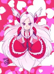 Rule 34 | 00s, 1girl, 2015, arm warmers, cure passion, dated, dress, fresh precure!, frilled dress, frills, hair ornament, heart, heart background, heart hair ornament, higashi setsuna, long hair, maboroshineko, magical girl, own hands clasped, own hands together, parted bangs, pink hair, precure, red background, red dress, red eyes, signature, smile, solo, tiara, upper body