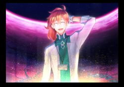 Rule 34 | 1boy, :d, ahoge, closed eyes, fate/grand order, fate (series), gloves, glowing, hair between eyes, lab coat, lanyard, long hair, male focus, open mouth, orange hair, ponytail, romani archaman, see-through, sky, smile, solo, spoilers, star (sky), starry sky, upper body, white gloves, yanagi ryuuta