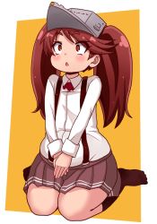 Rule 34 | 1girl, bad id, bad pixiv id, black socks, blush, border, brown hair, collared shirt, commentary request, dot nose, eyelashes, eyes visible through hair, full body, grey skirt, hands on lap, jewelry, kantai collection, kneehighs, long hair, long sleeves, looking up, magatama, magatama necklace, miniskirt, necklace, no shoes, open mouth, orange background, orange eyes, outside border, own hands together, parted bangs, pleated skirt, raised eyebrows, ryuujou (kancolle), shirt, simple background, sitting, skirt, sleeves rolled up, socks, solo, suspender skirt, suspenders, swept bangs, thick eyebrows, triangle mouth, visor cap, wariza, white border, white shirt, wide-eyed, wing collar, yukinojou yakan