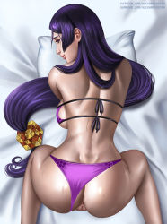 Rule 34 | 1girl, alexander dinh, all fours, anus, artist name, ass, back, backboob, bikini, bikini bottom aside, breasts, censored, closed mouth, clothing aside, eyepatch bikini, fate/grand order, fate (series), furrowed brow, hair ornament, half-closed eyes, highleg, highleg bikini, highres, large breasts, lips, long hair, looking at viewer, looking back, low-tied long hair, minamoto no raikou (fate), minamoto no raikou (fate/grand order), minamoto no raikou (swimsuit lancer) (fate), mosaic censoring, parted bangs, pillow, purple bikini, purple eyes, purple hair, pussy, shoulder blades, sideboob, sidelocks, skindentation, solo, string bikini, sweat, swimsuit, very long hair