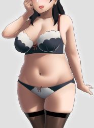 Rule 34 | 1girl, black hair, bra, bra strap, breasts, breasts apart, collarbone, grey background, hand on own cheek, hand on own face, head out of frame, highres, large breasts, medium hair, navel, no nose, open mouth, original, panties, red ribbon, ribbon, ryokucha michi, skindentation, solo, standing, thigh strap, thighhighs, two-tone bra, two-tone panties, underwear, underwear only
