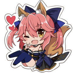 Rule 34 | 10s, 1girl, animal ear fluff, animal ears, blue ribbon, blue thighhighs, breasts, chibi, cleavage, detached sleeves, fang, fate/extra, fate/extra ccc, fate/grand order, fate (series), fox ears, fox shadow puppet, fox tail, hair ribbon, heart, japanese clothes, large breasts, one eye closed, open mouth, pink hair, retsuto, ribbon, simple background, solo, tail, tamamo (fate), tamamo no mae (fate/extra), thighhighs, white background, yellow eyes