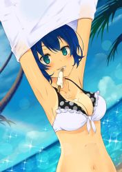 Rule 34 | 1girl, aqua eyes, armpits, arms up, beach, blue hair, blurry, blush, bokeh, breasts, cleavage, day, depth of field, dripping, dutch angle, food, front-tie top, girlfriend (kari), green eyes, grin, harumiya tsugumi, ice cream, large breasts, mattsun (kai), mouth hold, navel, ocean, one-piece tan, outdoors, short hair, smile, solo, sparkle, tan, tanline, undressing, upper body, water
