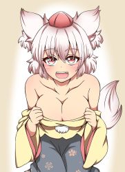 Rule 34 | 1girl, :d, animal ear fluff, animal ears, bare shoulders, black skirt, blush, breasts, cleavage, collarbone, commentary request, detached sleeves, fangs, floral print, gradient background, hat, highres, inubashiri momiji, kneeling, large breasts, leaning forward, looking at viewer, open mouth, orange eyes, pom pom (clothes), red hat, revision, short hair, silver hair, simple background, skirt, smile, solo, suwaneko, tail, tokin hat, touhou, wide sleeves, wolf ears, wolf tail, yellow background