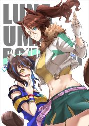 Rule 34 | 2girls, ;d, absurdres, animal ears, arm up, bare shoulders, bead bracelet, beads, blue hair, blue shirt, bracelet, breasts, brown hair, clothing cutout, commentary request, cowboy shot, crop top, cropped jacket, daitaku helios (umamusume), ear covers, ear ornament, facial mark, fang, fingerless gloves, floating hair, fur-trimmed jacket, fur trim, gloves, green skirt, grin, groin, hair between eyes, hair ornament, hairclip, hand up, highres, horse ears, horse girl, horse tail, jacket, jewelry, large breasts, long hair, looking at viewer, luna (gkluna mas), medium breasts, mejiro palmer (umamusume), midriff, multicolored hair, multiple girls, navel, necklace, one eye closed, open mouth, pleated skirt, ponytail, shirt, shoulder cutout, sidelocks, simple background, skin fang, skirt, smile, standing, star (symbol), star hair ornament, streaked hair, tail, teeth, two-tone hair, umamusume, v, white background, white gloves, white hair, white jacket, yellow eyes, yellow shirt