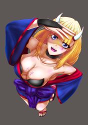 Rule 34 | 1girl, absurdres, artist request, blonde hair, blue eyes, breasts, cleavage, feet, from above, highres, horns, long hair, looking at viewer, open mouth, paripi koumei, solo, toes, tsukimi eiko