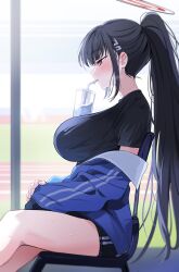 Rule 34 | 1girl, absurdres, black hair, black shirt, blue archive, blunt bangs, blush, breasts, bubble tea challenge, chair, commentary, cup, drinking, drinking straw, drinking straw in mouth, hair ornament, hairclip, halo, highres, huge breasts, jacket, large breasts, long hair, ponytail, red eyes, rio (blue archive), shirt, short sleeves, sidelocks, sitting, solo, sweat, symbol-only commentary, thighs, track jacket, very long hair, yuki (asayuki101)