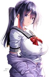 Rule 34 | 1girl, breasts, collarbone, commentary request, dated, grey sailor collar, hair between eyes, hair ribbon, hands in pockets, highres, large breasts, long hair, looking at viewer, mokufuu, original, parted lips, ponytail, purple card, purple eyes, purple hair, ribbon, sailor collar, school uniform, shirt, short sleeves, sidelocks, signature, simple background, solo, taut clothes, taut shirt, upper body, white background, white shirt