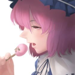 Rule 34 | 1girl, amino (tn7135), bad id, bad pixiv id, blue ribbon, blurry, depth of field, eating, eyelashes, food, from side, hat, holding, holding food, neck ribbon, open mouth, pink eyes, pink hair, pink lips, portrait, red eyes, ribbon, ribbon-trimmed collar, ribbon trim, saigyouji yuyuko, shade, simple background, solo, sweets, touhou, white background