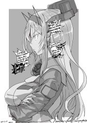 Rule 34 | 1girl, absurdres, attyon, breasts, closed mouth, crossed arms, dated, earphones, eyelashes, fingernails, flower, from side, greyscale, headgear, highres, kantai collection, listening to music, long hair, long sleeves, lyrics, monochrome, music, nelson (kancolle), simple background, solo, upper body