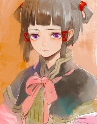 1girl black_hair bow closed_mouth gensou_suikoden gensou_suikoden_v hair_rings looking_at_viewer lyon_(suikoden) natsuo_(hatohaco) pink_bow purple_eyes ribbon short_hair simple_background solo