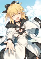 Rule 34 | 1girl, :d, artoria pendragon (all), artoria pendragon (fate), black bow, black ribbon, blonde hair, blue sky, bow, breasts, capelet, cleavage, coat, coat dress, day, closed eyes, fate/unlimited codes, fate (series), fur-trimmed capelet, fur trim, hair bow, highres, long sleeves, medium breasts, neck ribbon, nikame, open mouth, outdoors, outstretched arm, petals, ponytail, ribbon, saber lily, short hair, sky, smile, solo, standing, white capelet, white coat, winter clothes