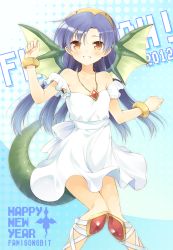 Rule 34 | 10s, 1girl, 2012, bad id, bad pixiv id, bare shoulders, blue hair, bracelet, collarbone, dragon girl, dragon tail, dragon wings, dress, hairband, happy new year, idolmaster, idolmaster (classic), jewelry, kisaragi chihaya, komi zumiko, long hair, looking at viewer, monster girl, necklace, new year, off shoulder, polka dot, smile, solo, strap slip, sundress, tail, wings, yellow eyes
