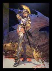 Rule 34 | 1girl, armor, armored boots, black gloves, blonde hair, blood, blood splatter, boots, breasts, buckler, commentary request, dragon, gloves, halberd, helmet, high heel boots, high heels, highres, holding, holding polearm, holding weapon, lemon print, looking at viewer, nishiki areku, original, polearm, puffy sleeves, sheath, sheathed, shield, short hair, shoulder armor, signature, sword, thigh boots, weapon