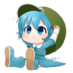 Rule 34 | 1girl, arms up, artist name, bad id, bad pixiv id, blue eyes, blue footwear, blue hair, blue shirt, blue skirt, blush, chibi, closed mouth, dated, eyebrows, full body, gotou (nekocat), hair bobbles, hair ornament, hands on headwear, hat, highres, kawashiro nitori, long sleeves, matching hair/eyes, oversized clothes, shirt, shoes, simple background, sitting, skirt, skirt set, solo, touhou, two side up, wavy mouth, white background