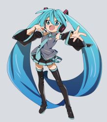 Rule 34 | 1girl, aqua eyes, aqua hair, aqua necktie, bare shoulders, black skirt, black sleeves, black thighhighs, boots, detached sleeves, full body, grey background, grey shirt, hair ornament, hand on headset, hatsune miku, headphones, headset, long hair, looking at viewer, miniskirt, necktie, open mouth, outstretched arm, pleated skirt, reaching, reaching towards viewer, satou asuka, shirt, skirt, sleeveless, sleeveless shirt, smile, solo, standing, thigh boots, thighhighs, twintails, very long hair, vocaloid, zettai ryouiki
