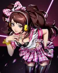 Rule 34 | 1girl, alternate costume, armband, boots, bra, breasts, brown eyes, brown hair, choker, datcravat, garter straps, gloves, hair ribbon, hand on own chest, headphones, high boots, highres, jacket, kujikawa rise, leaning forward, lips, long hair, looking at viewer, makeup, midriff, miniskirt, navel, parted lips, persona, persona 4, persona 4: dancing all night, persona dancing, pink skirt, ribbon, shiny clothes, shiny skin, skirt, smile, solo, solo focus, suspender skirt, suspenders, tagme, thigh boots, thighhighs, underwear