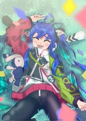 Rule 34 | 1girl, ^ ^, ahoge, birthday, blue hair, blush, bodysuit, closed eyes, confetti, corrupted twitter file, crossed bangs, facing viewer, feet out of frame, grass, highres, hood, hoodie, horse girl, horse tail, long hair, long sleeves, lying, on back, open mouth, outdoors, sharp teeth, smile, solo, stuffed animal, stuffed rabbit, stuffed toy, tail, teeth, twin turbo (umamusume), twintails, umamusume, upper teeth only, v, wolu-ckmo