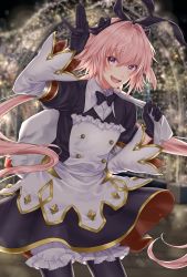 Rule 34 | 1boy, astolfo (fate), astolfo (saber) (fate), astolfo (saber) (third ascension) (fate), azaka (rionrita), black bow, black gloves, black ribbon, blush, bow, bowtie, commentary request, fang, fate (series), gloves, hair bow, hair intakes, hair ribbon, highres, long hair, long sleeves, looking at viewer, male focus, multicolored hair, pink hair, purple eyes, ribbon, skin fang, smile, solo, streaked hair, trap, twintails, white hair