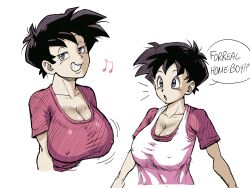 absurdres black_hair bouncing_breasts breasts camisole covered_erect_nipples dragon_ball dragonball_z english_text highres large_breasts multiple_views naughty_face pseudocel short_hair smirk surprised tomboy videl