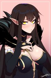 Rule 34 | 1girl, absurdly long hair, arm at side, between breasts, black dress, black hair, breasts, bridal gauntlets, cleavage, commentary, detached sleeves, dress, english commentary, eyelashes, fate/apocrypha, fate/grand order, fate (series), frills, from above, from side, fur trim, j.k., large breasts, long dress, long hair, looking at viewer, pink background, pointy ears, pout, semiramis (fate), signature, solo, upper body, very long hair, yellow eyes