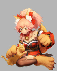 Rule 34 | 1girl, animal, animal ear fluff, animal ears, animal hands, bell, black legwear, blush stickers, breasts, cat, cat paws, cleavage, collar, fang, fate/grand order, fate (series), fox ears, fox tail, gloves, grey background, hair ribbon, jdw, jingle bell, large breasts, long hair, neck bell, open mouth, paw gloves, paw shoes, pink hair, ponytail, red ribbon, ribbon, shoes, simple background, solo, tail, tamamo (fate), tamamo cat (fate), tamamo cat (first ascension) (fate)