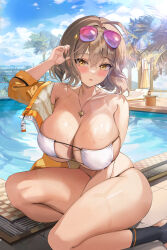Rule 34 | 1girl, absurdres, anis (nikke), anis (sparkling summer) (nikke), bikini, blush, breasts, deep skin, eyewear on head, goddess of victory: nikke, hido (cherryhido), highres, huge breasts, jacket, jewelry, large breasts, light brown hair, looking back, necklace, outdoors, pool, revision, short hair, skindentation, sky, solo, sunglasses, swimsuit, thick thighs, thighs, white bikini, yellow eyes
