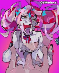 Rule 34 | 1boy, 1girl, absurdres, ahegao, artist name, black nails, breasts, colored skin, cowgirl position, diamond-shaped pupils, diamond (shape), diforland, green eyes, grey skin, heterochromia, highres, hololive, hololive indonesia, kureiji ollie, multicolored hair, multicolored skin, nail polish, nial polish, nude, open mouth, patchwork skin, purple skin, red hair, rolling eyes, sex, small breasts, stitches, straddling, sweat, symbol-shaped pupils, tongue, tongue out, two-tone hair, virtual youtuber, white hair, x-shaped pupils, yellow eyes, zombie, zombie girl