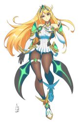 Rule 34 | 1girl, absurdres, aurumsmii, bare shoulders, blonde hair, breasts, chest jewel, dress, earrings, elbow gloves, gloves, headpiece, highres, jewelry, large breasts, long hair, mythra (massive melee) (xenoblade), mythra (xenoblade), solo, swept bangs, thigh strap, tiara, very long hair, white dress, white footwear, white gloves, xenoblade chronicles (series), xenoblade chronicles 2, yellow eyes