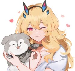 Rule 34 | 1girl, animal, badge, bandana, barghest (fate), blonde hair, blush, button badge, choker, closed mouth, collarbone, commentary request, crossed bangs, dog, fate/grand order, fate (series), grey bandana, grey choker, hair between eyes, hands up, heart, highres, holding, holding animal, holding dog, long hair, one eye closed, red eyes, shirt, short sleeves, sidelocks, simple background, smile, solo, tokiori tkdk, tongue, tongue out, upper body, white background, white shirt