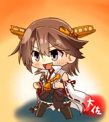 Rule 34 | 1girl, :d, artist name, bare shoulders, blush, brown hair, clenched hands, detached sleeves, full body, green skirt, grey eyes, hair between eyes, headgear, hiei (kancolle), hiei kai ni (kancolle), japanese clothes, kantai collection, nontraditional miko, open mouth, plaid, plaid skirt, pleated skirt, ribbon-trimmed sleeves, ribbon trim, short hair, signature, skirt, smile, solo, standing, taisa (kari), v-shaped eyebrows, wide sleeves