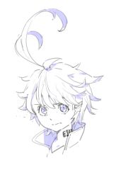 Rule 34 | 1girl, ahoge, closed mouth, commentary request, emma (yakusoku no neverland), enkyo yuuichirou, huge ahoge, looking at viewer, monochrome, neck tattoo, number tattoo, portrait, purple theme, short hair, simple background, sketch, solo, tattoo, white background, yakusoku no neverland