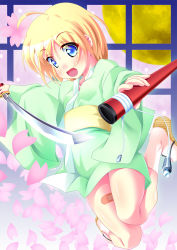 Rule 34 | :d, bandaid, blonde hair, blue eyes, blush, japanese clothes, kimono, open mouth, sandals, sekine irie, smile, sword, weapon
