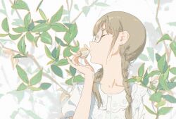 Rule 34 | 1girl, braid, branch, closed mouth, commentary, earrings, facing to the side, glasses, hand up, jewelry, leaf, light brown hair, mole, mole under eye, original, profile, shirt, sidelocks, solo, twin braids, upper body, white shirt, yuyin (uzrv7533)