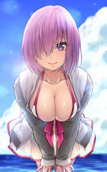 Rule 34 | 1girl, absurdres, bikini, bikini skirt, blue sky, breasts, cleavage, cloud, cloudy sky, collarbone, cowboy shot, day, fate/grand order, fate (series), hair over one eye, halterneck, halterneck, highres, large breasts, leaning forward, long sleeves, looking at viewer, mash kyrielight, mash kyrielight (swimsuit of perpetual summer), naidong (artist), official alternate costume, outdoors, purple eyes, sketch, sky, smile, solo, standing, swimsuit, water, white bikini