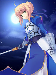 Rule 34 | 00s, 1girl, ahoge, armor, armored dress, artoria pendragon (fate), azu, blonde hair, clenched hand, dress, fate/stay night, fate (series), full moon, gauntlets, green eyes, hair ribbon, holding, holding sword, holding weapon, looking at viewer, moon, night, night sky, outstretched arm, ribbon, saber (fate), short hair, sky, solo, sword, unsheathed, weapon