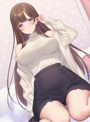 Rule 34 | 1girl, bare shoulders, black skirt, blush, breasts, brown hair, closed mouth, commentary request, covered erect nipples, hand up, heart, heart print, highres, indoors, jacket, large breasts, long hair, long sleeves, looking at viewer, open clothes, open jacket, original, parted bangs, purple eyes, sakura shiho, shirt, sitting, skirt, sleeveless, sleeveless shirt, smile, solo, very long hair, wariza, white jacket, white shirt