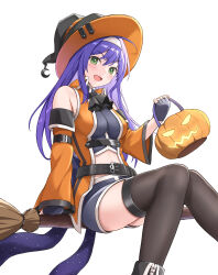 Rule 34 | 1girl, :d, bare shoulders, belt, black gloves, blue hair, broom, clothing cutout, commentary, detached sleeves, fingerless gloves, fire emblem, fire emblem: radiant dawn, fire emblem heroes, gloves, green eyes, hairband, halloween costume, hat, highres, long hair, looking at viewer, mia (fire emblem), mia (halloween) (fire emblem), midriff, navel cutout, nintendo, official alternate costume, open mouth, purple hair, simple background, sitting, smile, solo, takaneko, thighhighs, white background, white hairband, witch hat