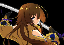 Rule 34 | 1girl, black background, black gloves, bright pupils, brown hair, floating hair, from behind, gloves, highres, holding, holding sword, holding weapon, muv-luv: dimensions, jacket, kamon rider, katana, long hair, looking at viewer, looking back, muv-luv, muv-luv alternative, muv-luv total eclipse, parted lips, purple eyes, smile, solo, sword, takamura yui, weapon, white pupils, yellow jacket