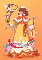 Rule 34 | alternate costume, ancient dragon (mario), blue eyes, bow, brown hair, chinese zodiac, clothing request, dragon, earrings, eastern dragon, flower brooch, flower earrings, fur-trimmed poncho, gradient background, hat, highres, japanese clothes, jewelry, kimono, mario (series), medium hair, nintendo, open mouth, orange background, orange bow, orange kimono, orange poncho, orange sash, poncho, princess daisy, print kimono, saiwo (saiwoproject), solo, super mario bros. wonder, teeth, upper teeth only, year of the dragon