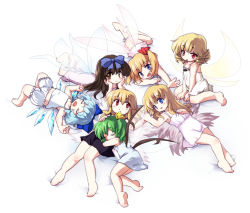 Rule 34 | 6+girls, ass, blonde hair, bloomers, blue hair, blush, bottomless, bow, brown hair, child, cirno, closed eyes, collarbone, curly hair, daiyousei, dual persona, fairy, fairy wings, fang, green hair, hair bow, hair ribbon, highres, kneeling, kuroyurihaze, lily black, lily white, long hair, luna child, multiple girls, open mouth, red eyes, ribbon, short hair, side ponytail, sleeping, sleeveless, smile, star sapphire, sunny milk, touhou, twintails, underwear, underwear only, wings, yellow eyes, yousei daisensou