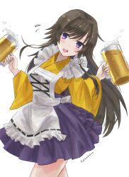 Rule 34 | 1girl, alcohol, apron, artist name, beer, beer mug, breasts, brown hair, cup, floating hair, frilled apron, frills, highres, holding, holding cup, japanese clothes, jun (rellik &amp; redrum), kimono, leaning to the side, long hair, maid, maid apron, medium breasts, mug, muv-luv, muv-luv alternative, muv-luv total eclipse, open mouth, purple skirt, sidelocks, skirt, solo, takamura yui, very long hair, wa maid, walking, white apron, white background, yellow kimono