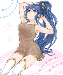Rule 34 | adjusting hair, arms up, blue eyes, blue hair, breasts, fire emblem, fire emblem: the sacred stones, long hair, looking at viewer, medium breasts, nightgown, nintendo, open mouth, ponytail, sitting, sleeveless, solo, tana (fire emblem), techitoni, thighhighs, tying hair, white thighhighs