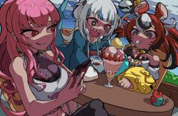 Rule 34 | + +, 3girls, bare shoulders, bis814, blue eyes, blue hair, blue sky, blunt bangs, cellphone, cherry, cloud, commentary, eating, english commentary, fins, fish tail, food, fruit, gawr gura, gawr gura (1st costume), hair ornament, hakos baelz, hakos baelz (1st costume), highres, holding, holding phone, holding spoon, hololive, hololive english, ice cream, long hair, medium hair, mori calliope, mori calliope (streetwear), mr. squeaks (hakos baelz), multicolored hair, multiple girls, official alternate costume, open mouth, outdoors, phone, pink hair, red eyes, shark hair ornament, shark tail, sharp teeth, sitting, sky, smartphone, smirk, spoon, streaked hair, sundae, tail, teeth, two-tone hair, virtual youtuber, white hair