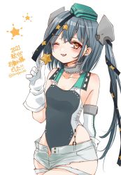 Rule 34 | 1girl, aqua hat, black one-piece swimsuit, black ribbon, candy, cocoperino, commentary request, competition swimsuit, cowboy shot, food, garrison cap, gloves, grey eyes, grey hair, hair ornament, hair ribbon, hat, highleg, highleg swimsuit, kantai collection, lollipop, long hair, one-piece swimsuit, ribbon, scamp (kancolle), short shorts, shorts, side ponytail, simple background, solo, star (symbol), star hair ornament, swimsuit, torn clothes, translation request, white background, white gloves, white shorts