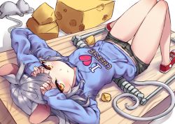 Rule 34 | &gt; &lt;, 1girl, :t, animal, animal ears, arms up, bad id, bad pixiv id, black shorts, blue hoodie, breasts, brown eyes, cheese, chinese zodiac, closed mouth, commentary request, drawstring, food, grey hair, hood, hood down, hoodie, i heart..., knees together feet apart, knees up, long sleeves, looking at viewer, lying, mouse (animal), mouse ears, mouse girl, mouse tail, mousetrap, on back, original, pout, red footwear, ryuinu, shoes, short shorts, shorts, sleeves past wrists, small breasts, solo, tail, thigh gap, year of the rat